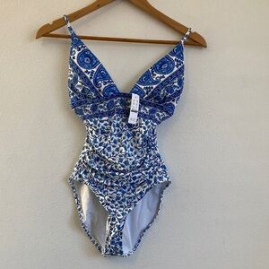 J.Crew Ruched plunge one-piece in bandana block print Blue and White Size 2